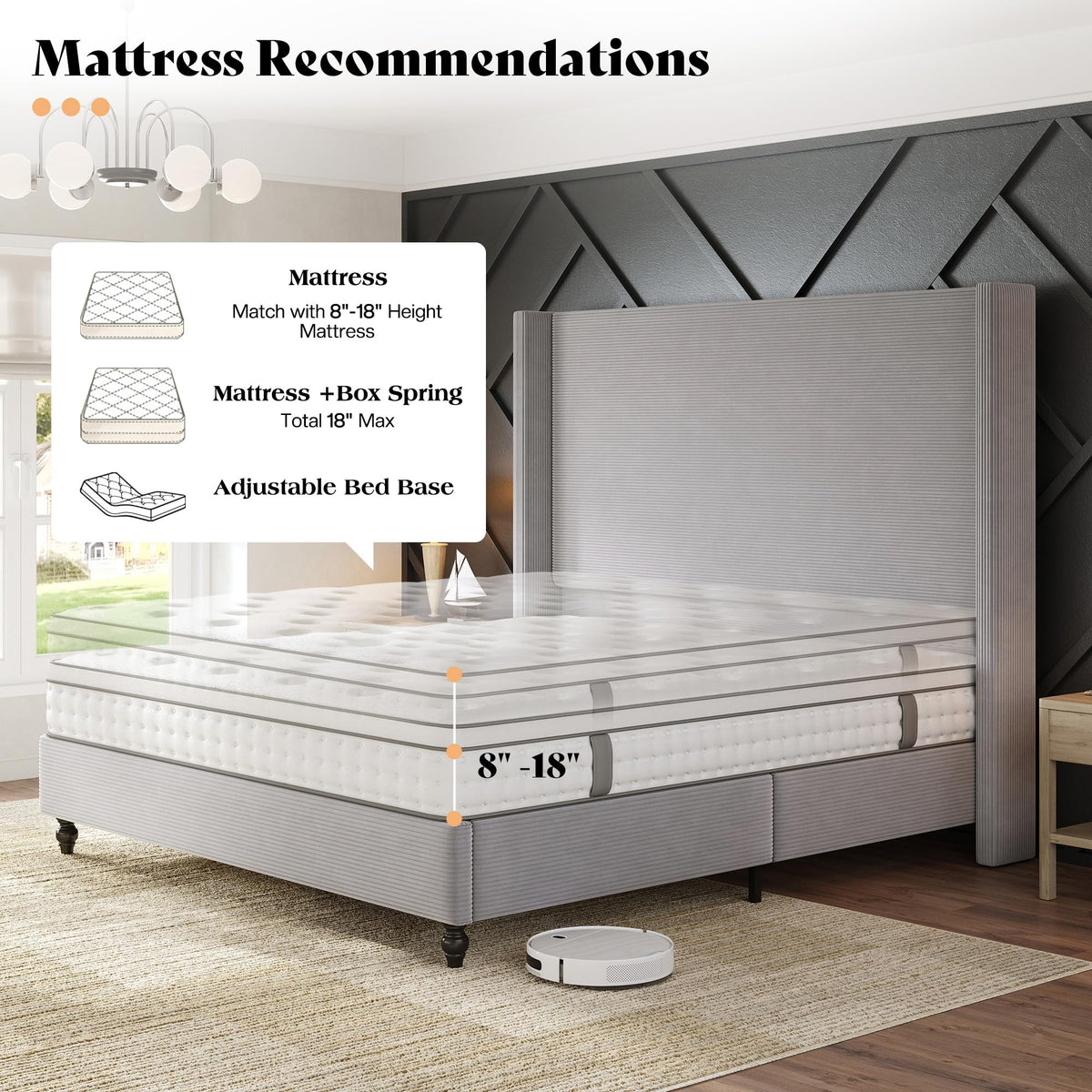 Cordelle Corduroy Wingback Bed Frame-Queen-Light Grey