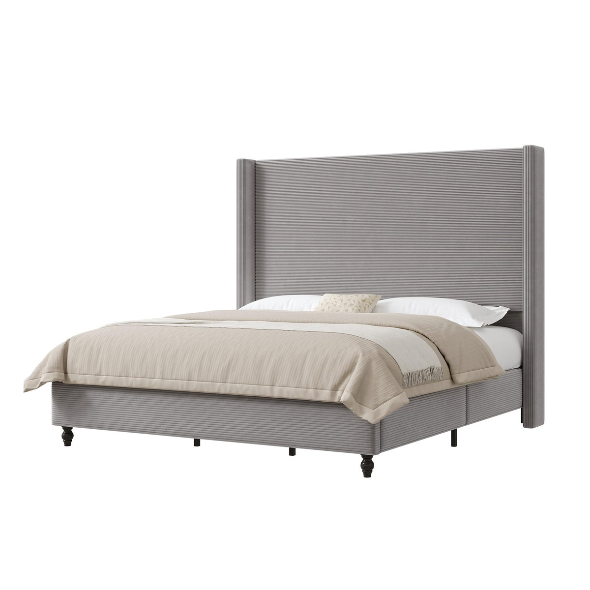 Cordelle Corduroy Wingback Bed Frame-King-Light Grey