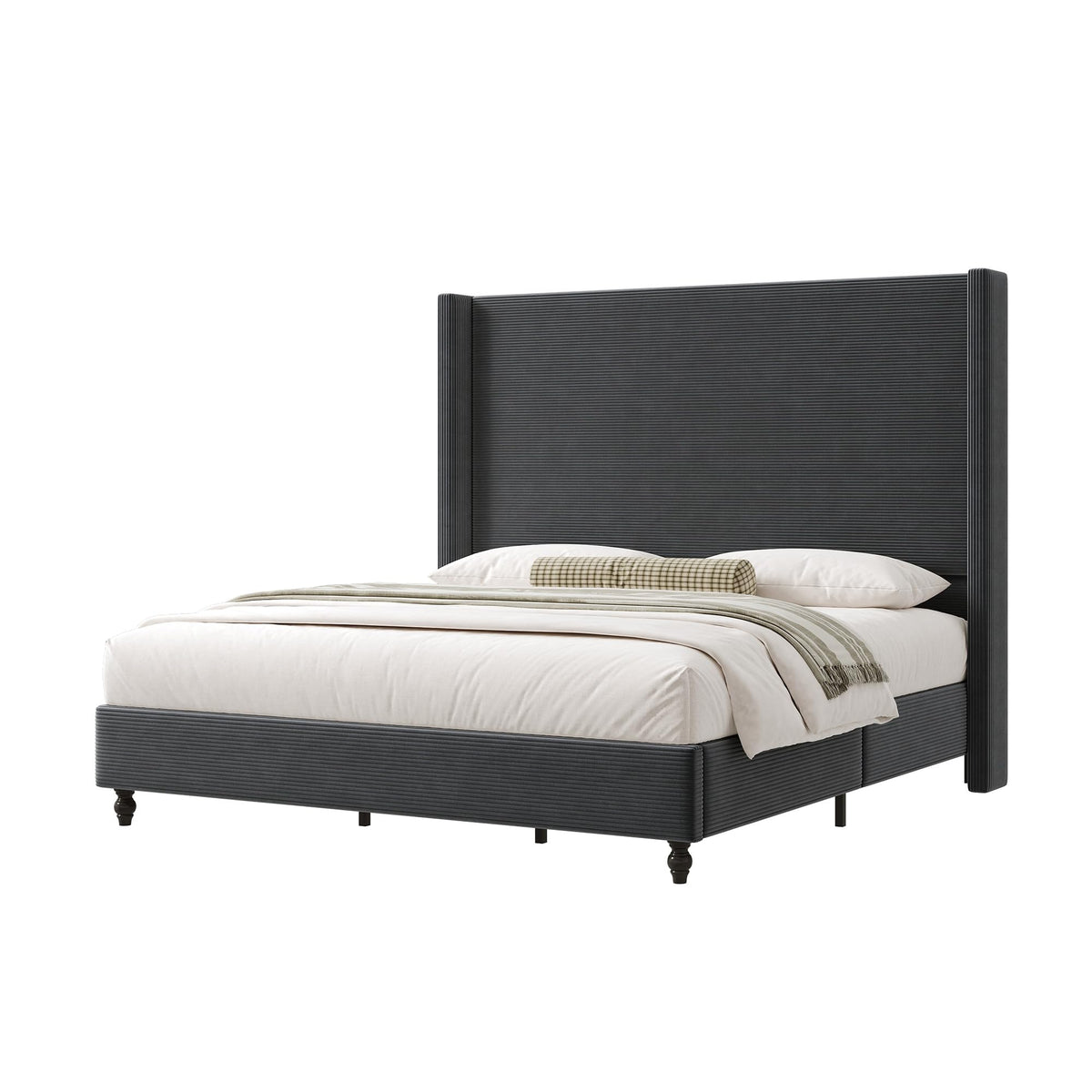 Cordelle Corduroy Wingback Bed Frame-Queen-Dark Grey