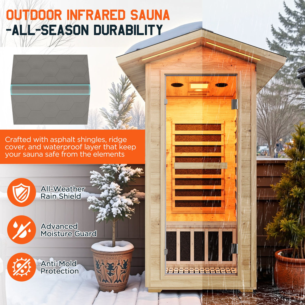 Low EMF Infrared Saunas for Home Amerlife Outdoor 1-Person 33.5*35.4*78.7 Inch