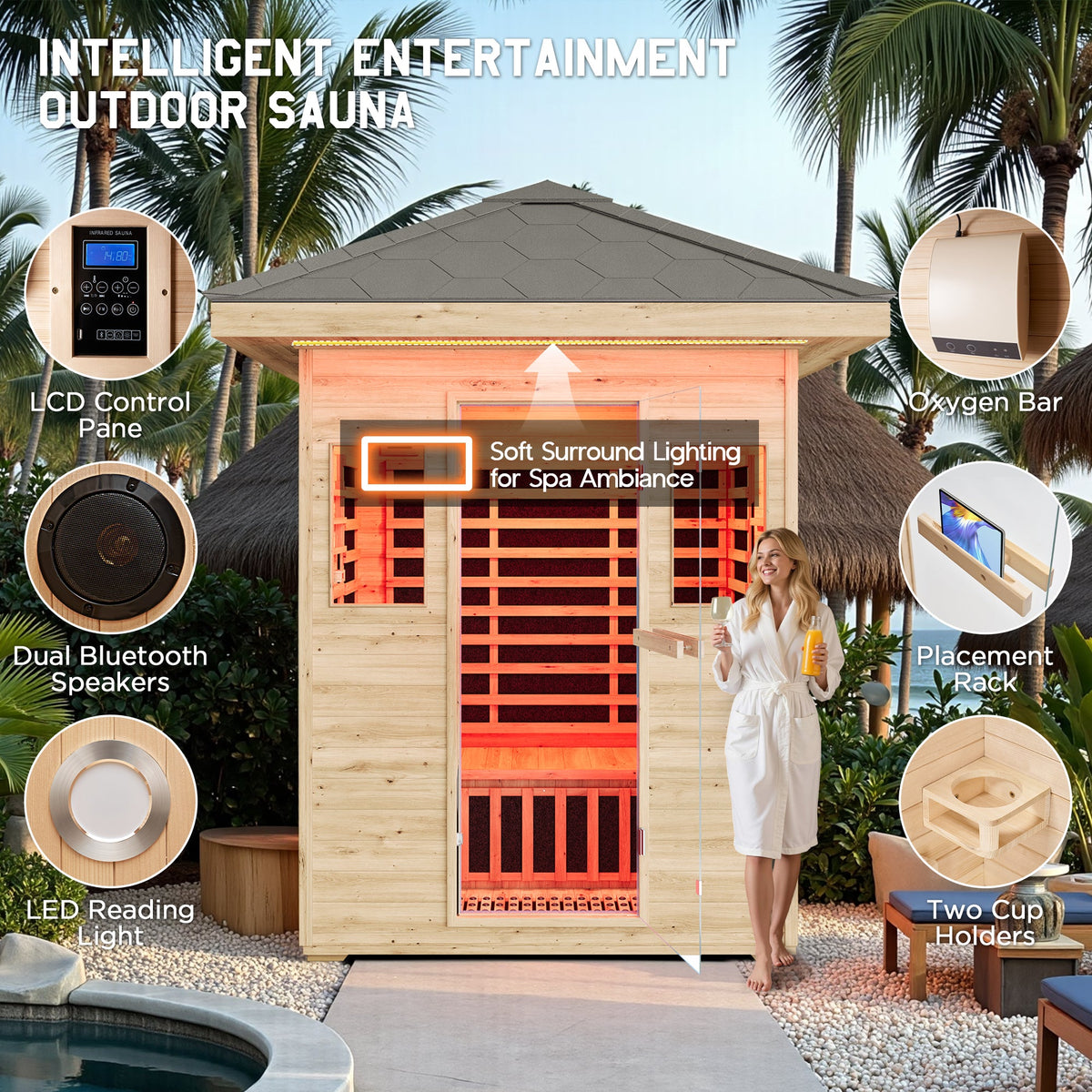 Low EMF Infrared Saunas for Home Amerlife Outdoor 3-Person 60.2*43.3*98.4 Inch