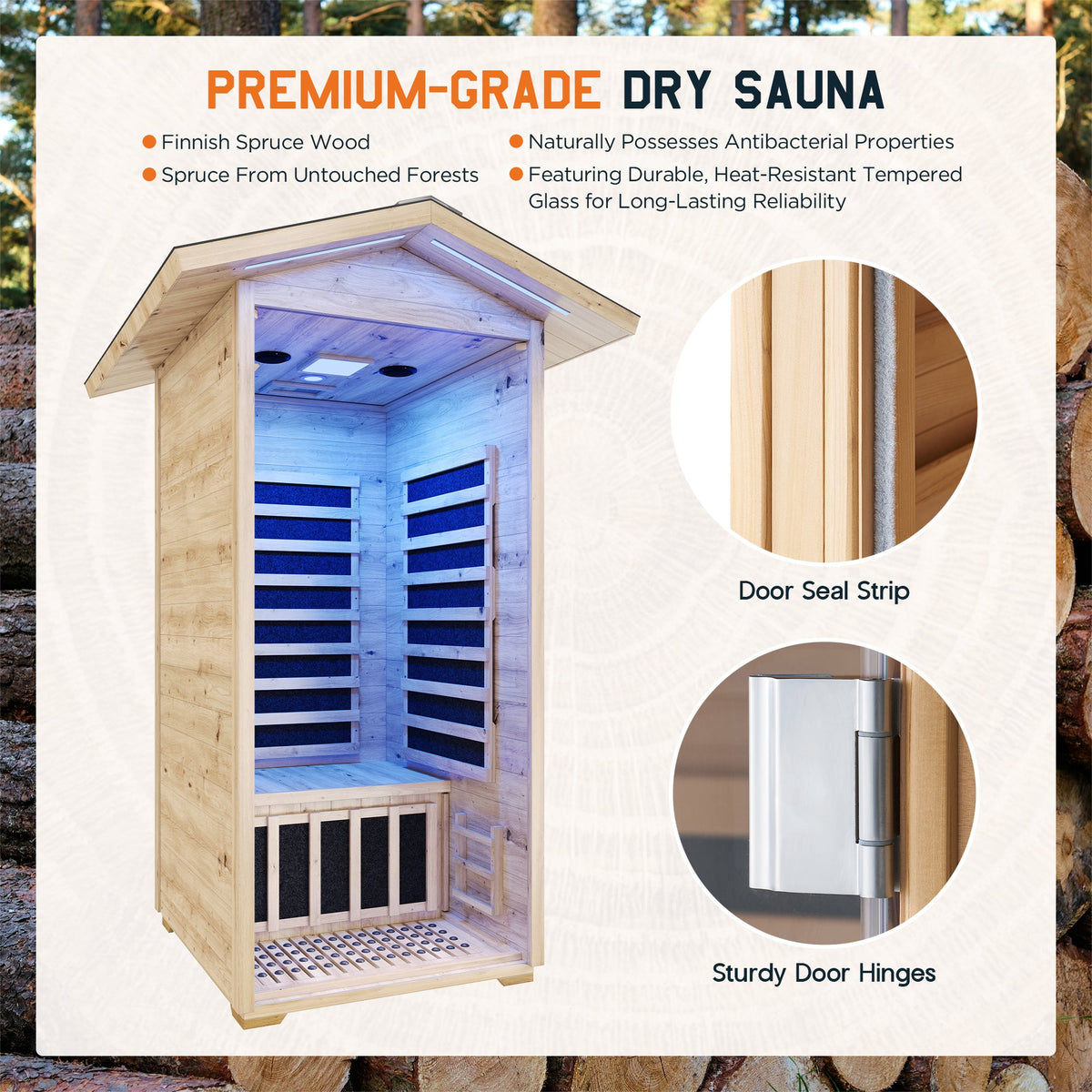 Low EMF Infrared Saunas for Home Amerlife Outdoor 1-Person 33.5*35.4*78.7 Inch