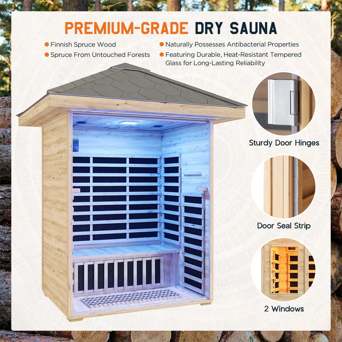 Low EMF Infrared Saunas for Home Amerlife Outdoor 3-Person 60.2*43.3*98.4 Inch