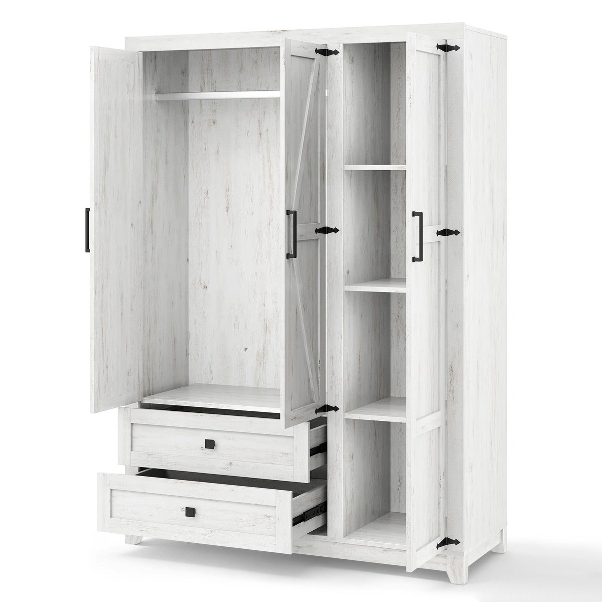 Barn 3 Door Farmhouse Wardrobe Closet-Distressed White