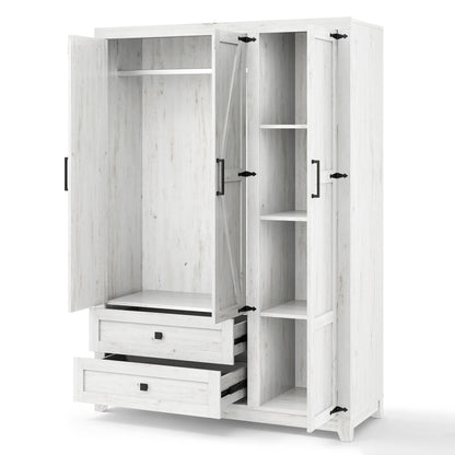 Barn 3 Door Farmhouse Wardrobe Closet-Distressed White