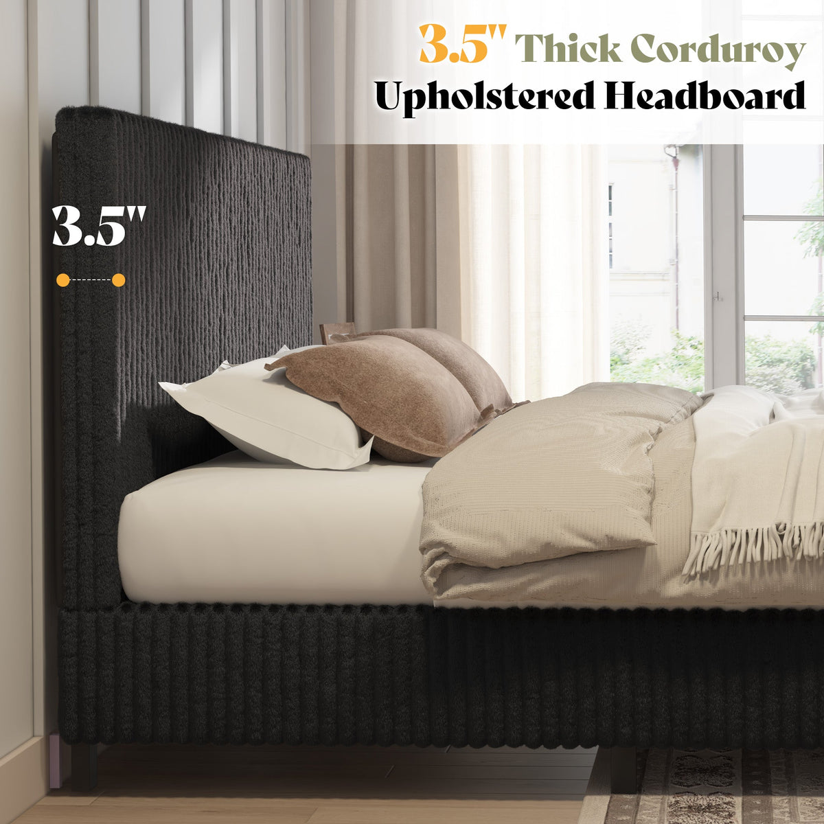 Velmure Corduroy Platform Bed Frame-Full-Black