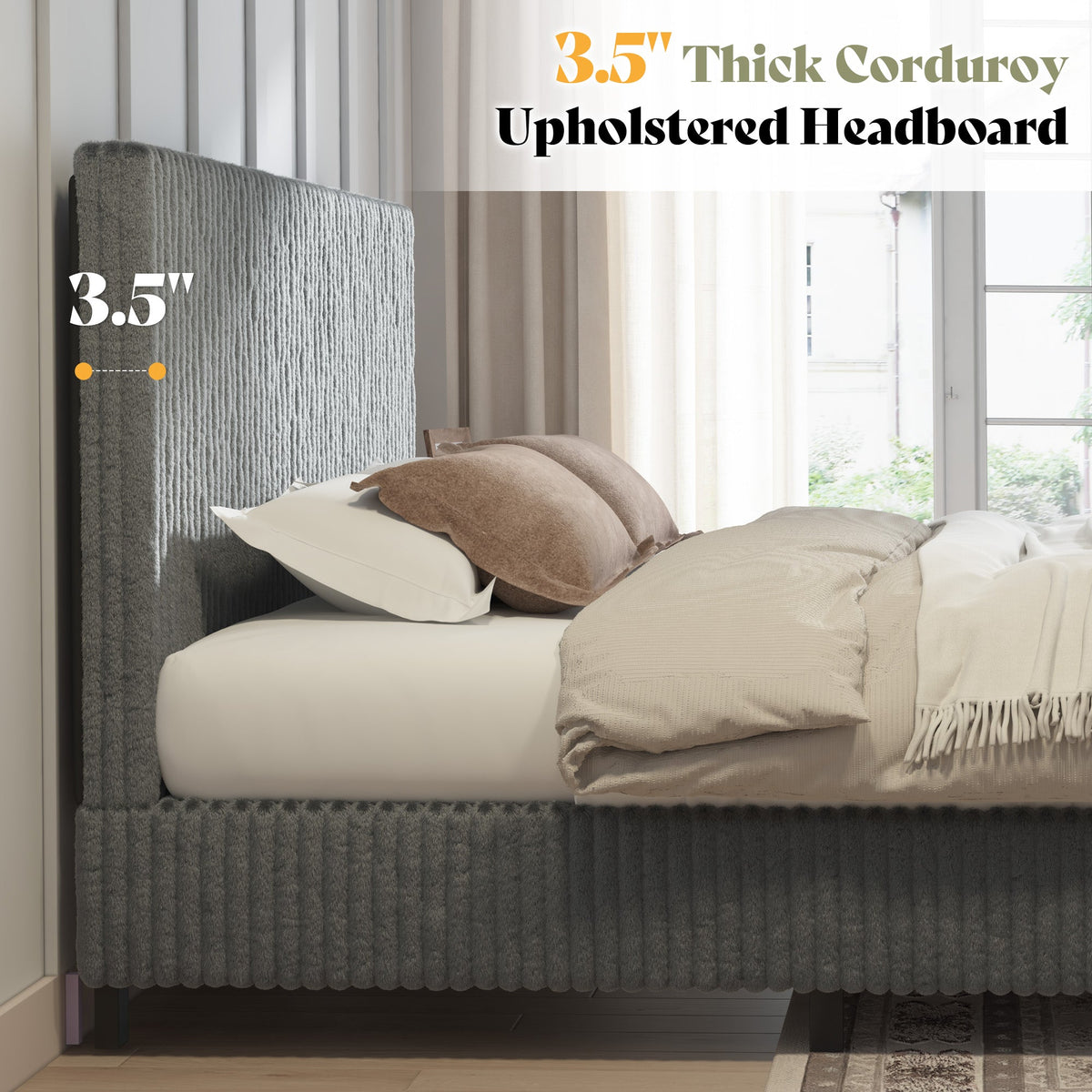 Velmure Corduroy Platform Bed Frame-Queen-Grey