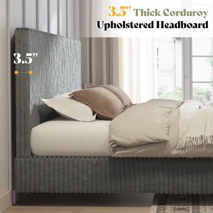Velmure Corduroy Platform Bed Frame-Queen-Grey