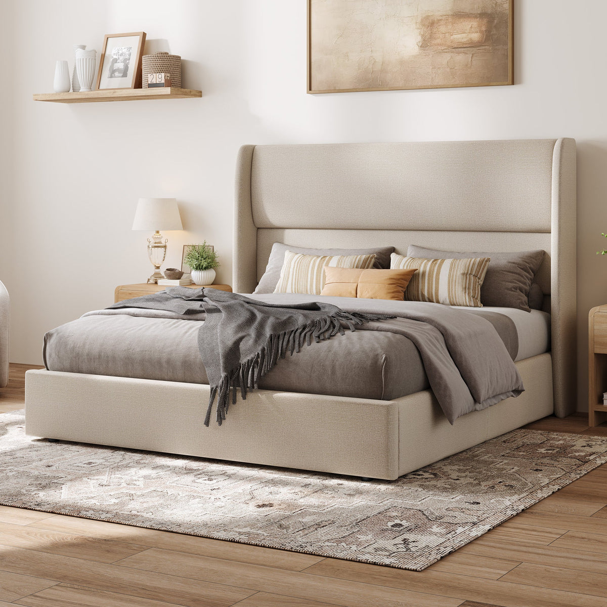 Haven Upholstered Hydraulic Storage Bed Frame-Queen-Khaki