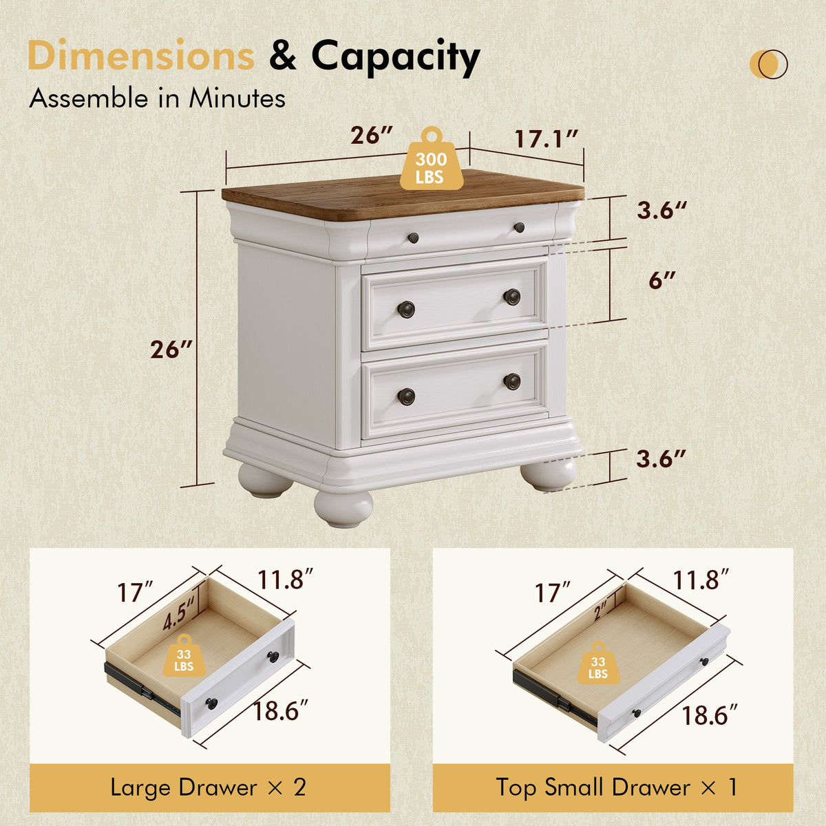 Bun Fully Assembly Wood Nightstand Amerlife White ＆Brown / 26" W