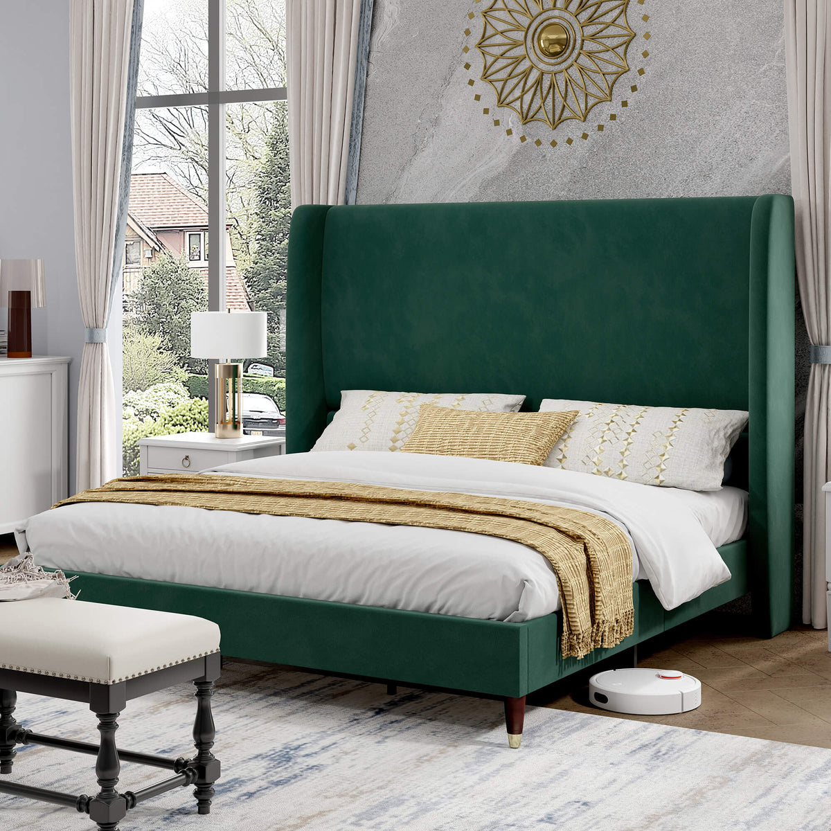 Lanner Bed Frame with Velvet Headboard Amerlife Green