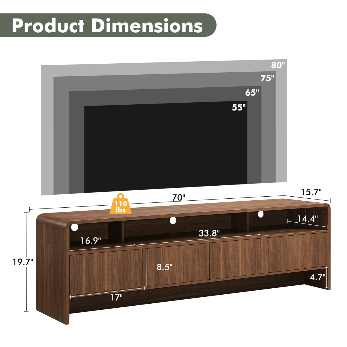 Flat Wood Curved TV Stand-BROWN