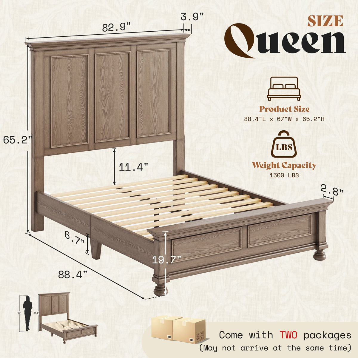 Bobbin Solid Wood Platform Bed-Taupe Gray-Queen