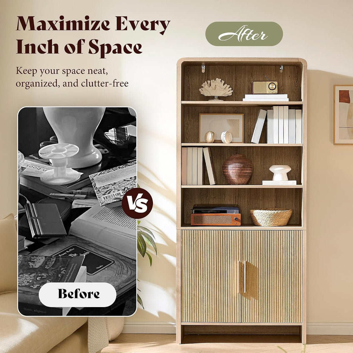 Arcova 71" Tall Fluted Bookshelf Amerlife Natural