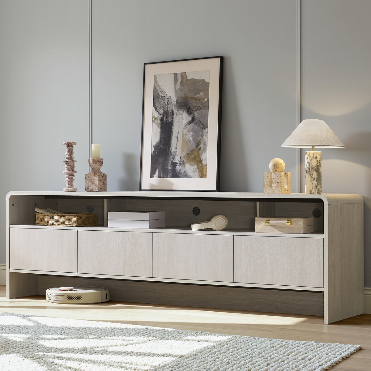 Flat Wood Curved TV Stand-WHITE
