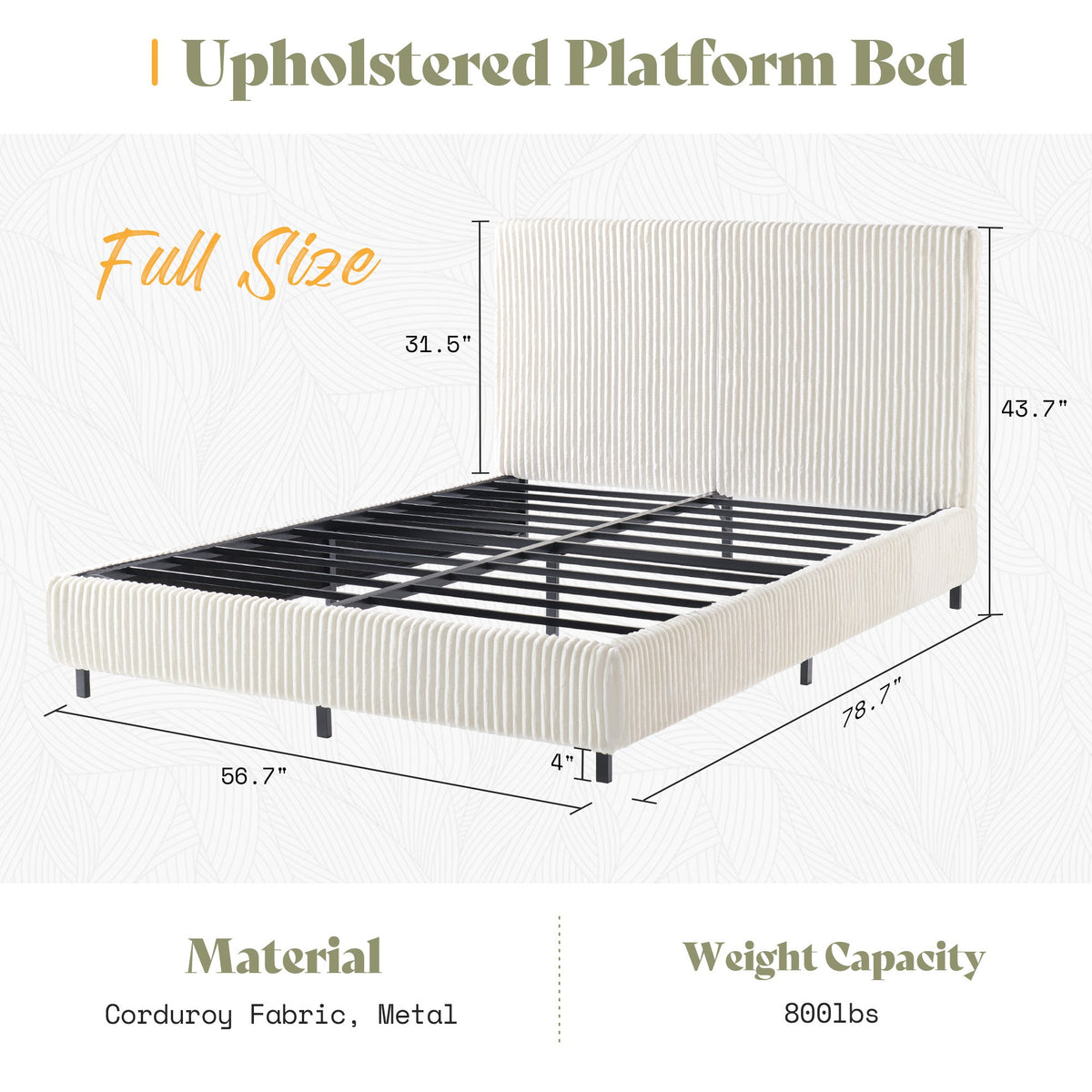 Velmure Corduroy Platform Bed Frame-Full-Cream