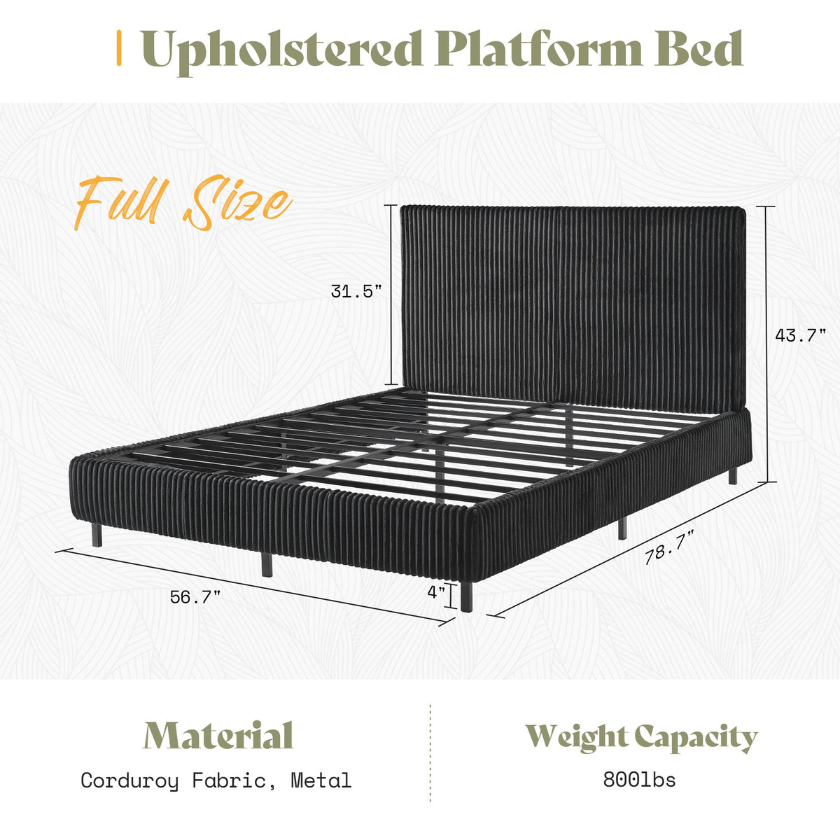 Velmure Corduroy Platform Bed Frame-Full-Black
