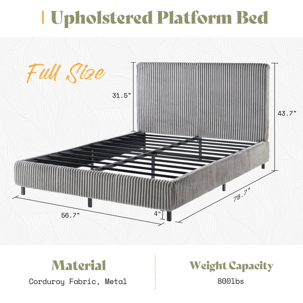 Velmure Corduroy Platform Bed Frame-Full-Grey