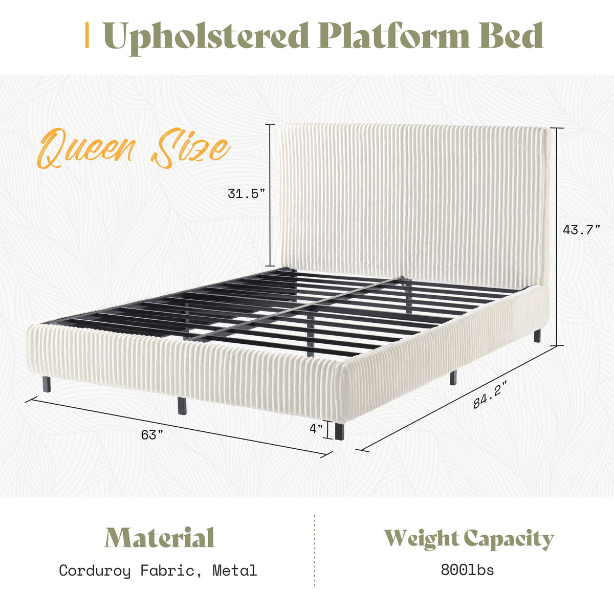 Velmure Corduroy Platform Bed Frame-Queen-Cream