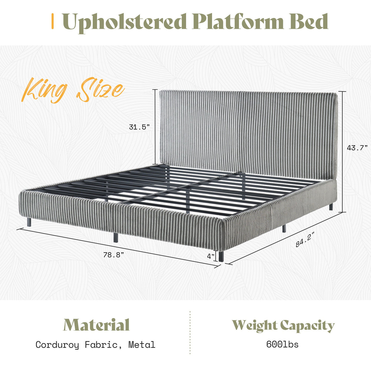 Velmure Corduroy Platform Bed Frame-King-Grey