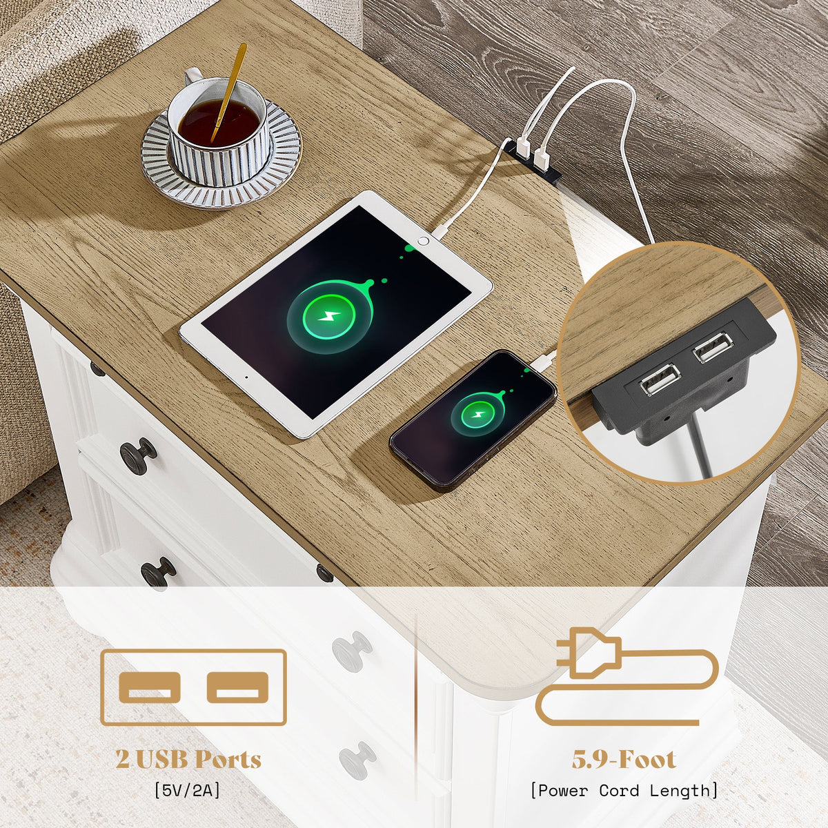 Bun Fully Assembly Wood Nightstand Amerlife White ＆Brown / 30" W