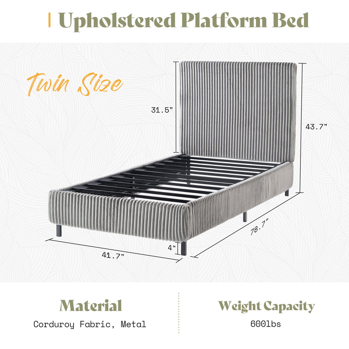 Velmure Corduroy Platform Bed Frame-Twin-Grey