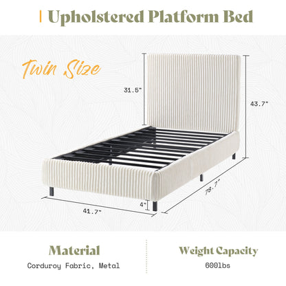 Velmure Corduroy Platform Bed Frame-Twin-Cream