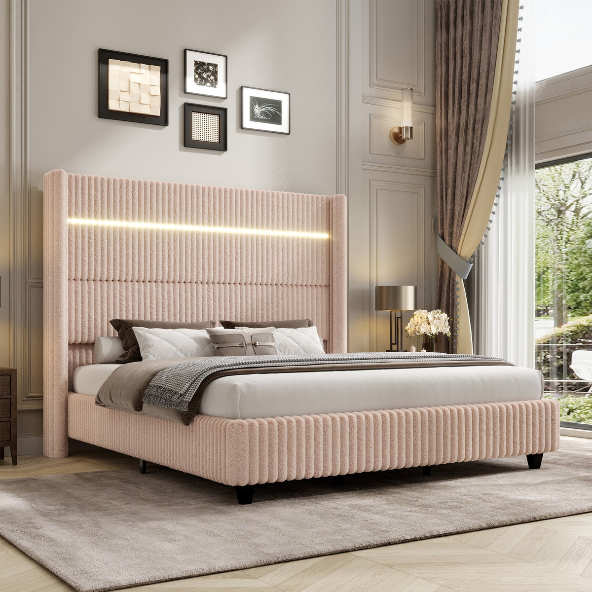 Warren Faux-Fur Bed Frame Amerlife Beige / California king