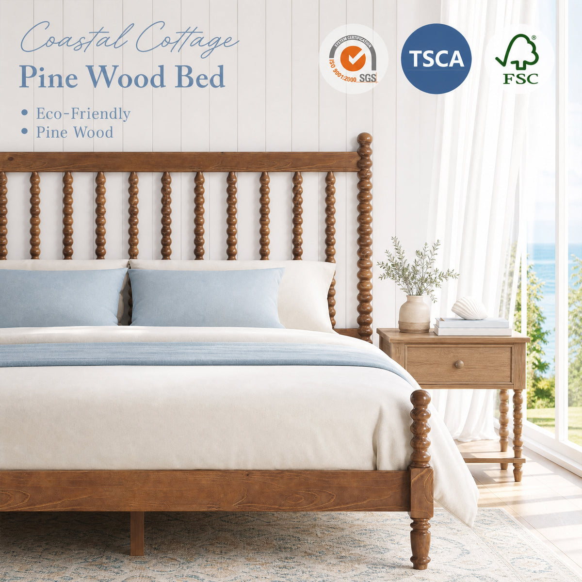 Classic Bobbin Solid Wood Bed Frame-Queen-Dark Walnut