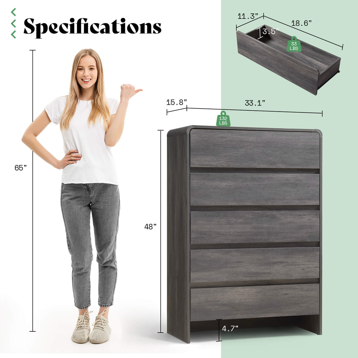 Garyon Modern 5-Drawer Storage Dresser _Black