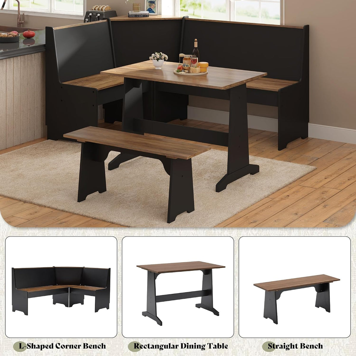 Feast 3-Piece Corner Dining Table Set-BLACK