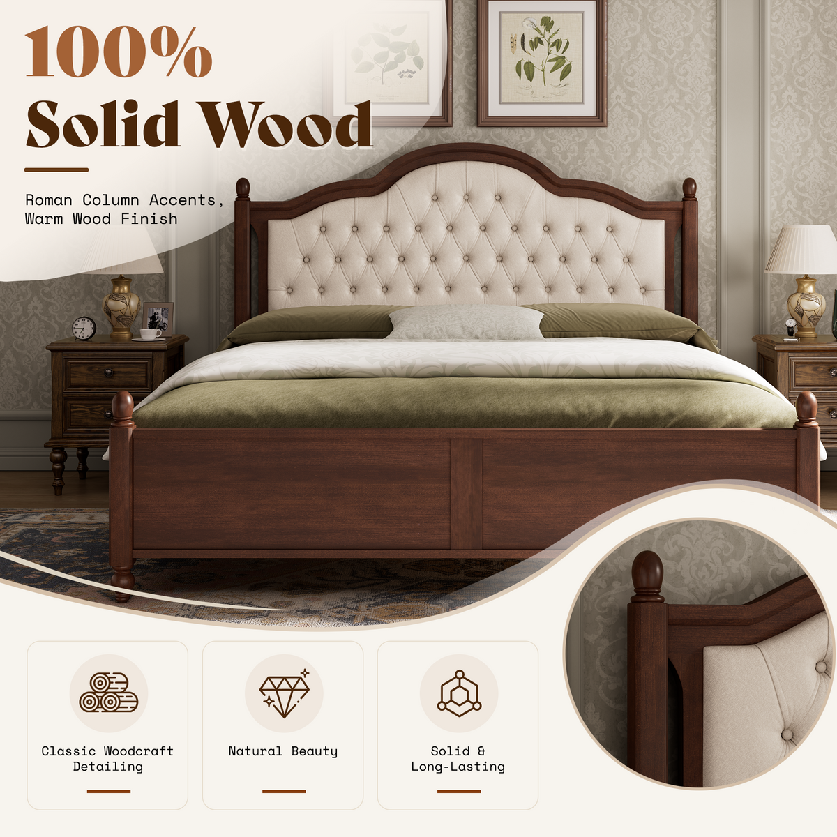 Astor Solid Wood King Bed Frame with Headboard-Queen-Walnut