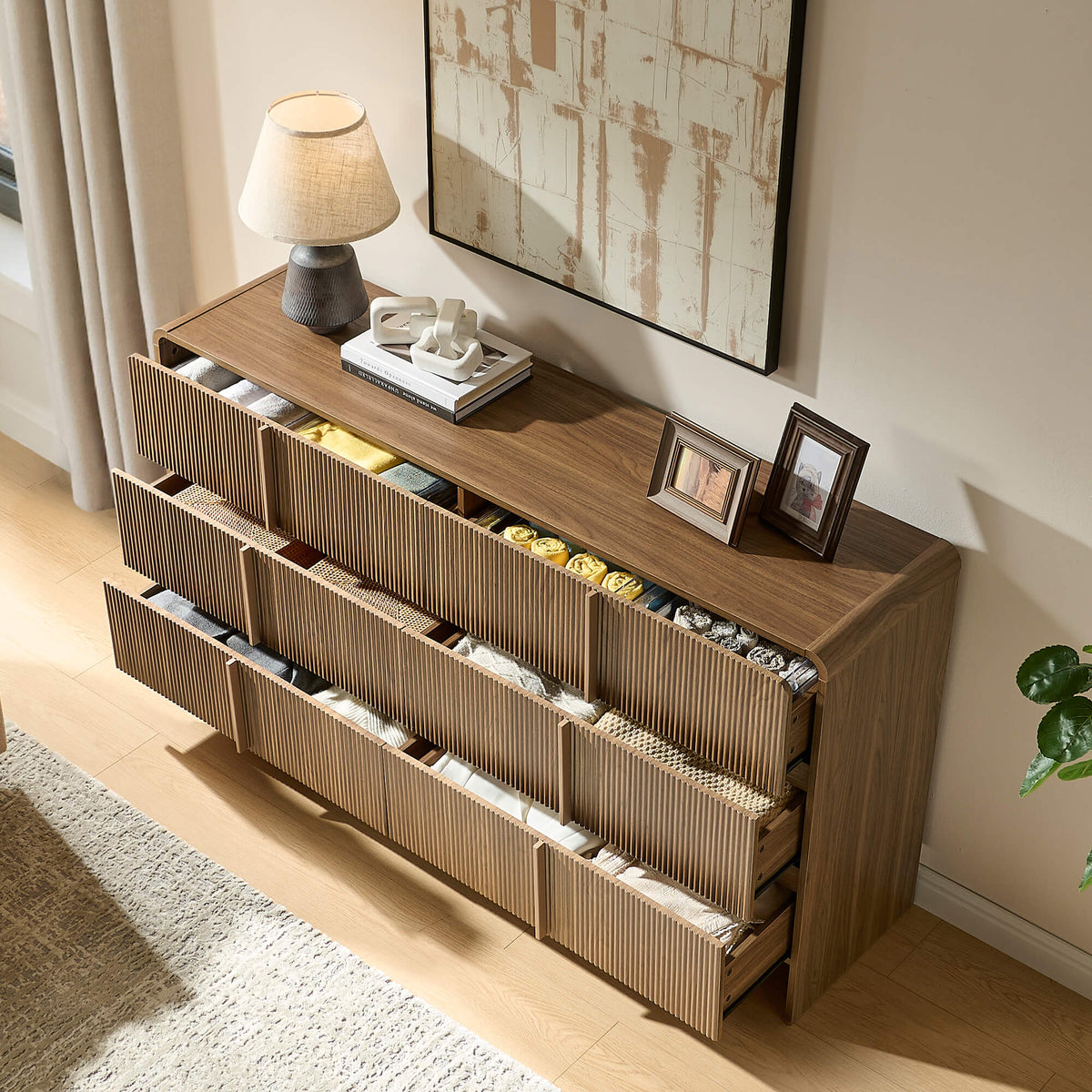 Garyon Fluted 6-Drawer Wide Dresser - Dark Walnut