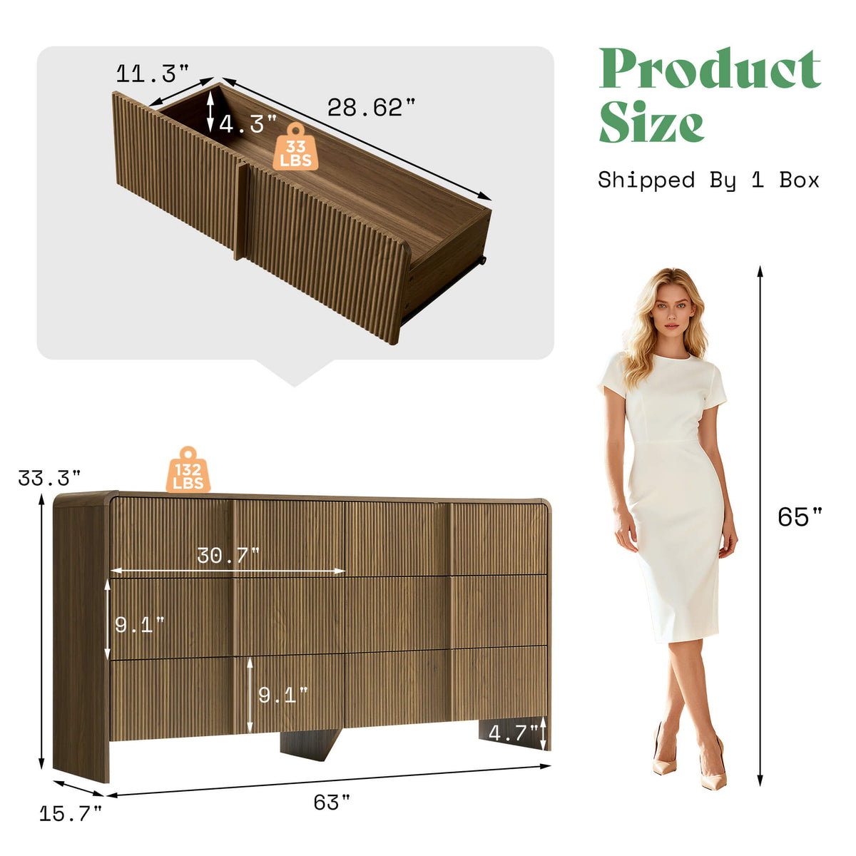 Garyon Fluted 6-Drawer Wide Dresser - Dark Walnut