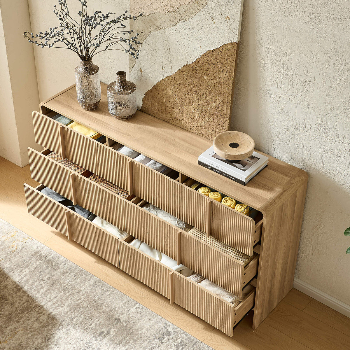 Garyon Fluted 6-Drawer Wide Dresser - Natural Oak