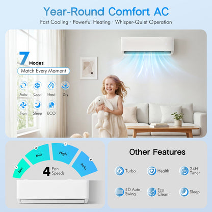 Multi-Zone Ductless Mini Split AC and Heating System (2 & 3 Zone)-3 Zone 28000 BTU (12k+12k+12k)-WIFI