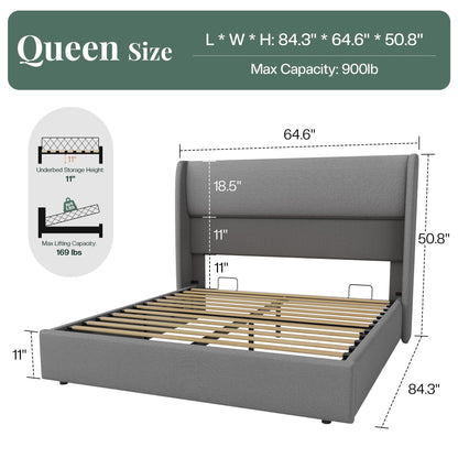 Haven Upholstered Hydraulic Storage Bed Frame-Queen-Light Grey