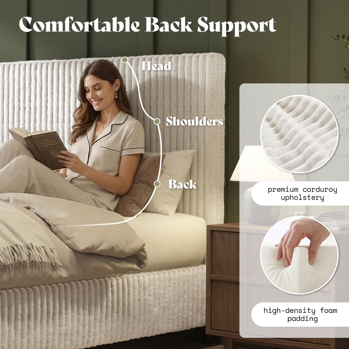 Velmure Corduroy Platform Bed Frame-Queen-Cream