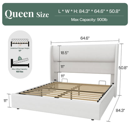 Haven Upholstered Hydraulic Storage Bed Frame-Queen-White