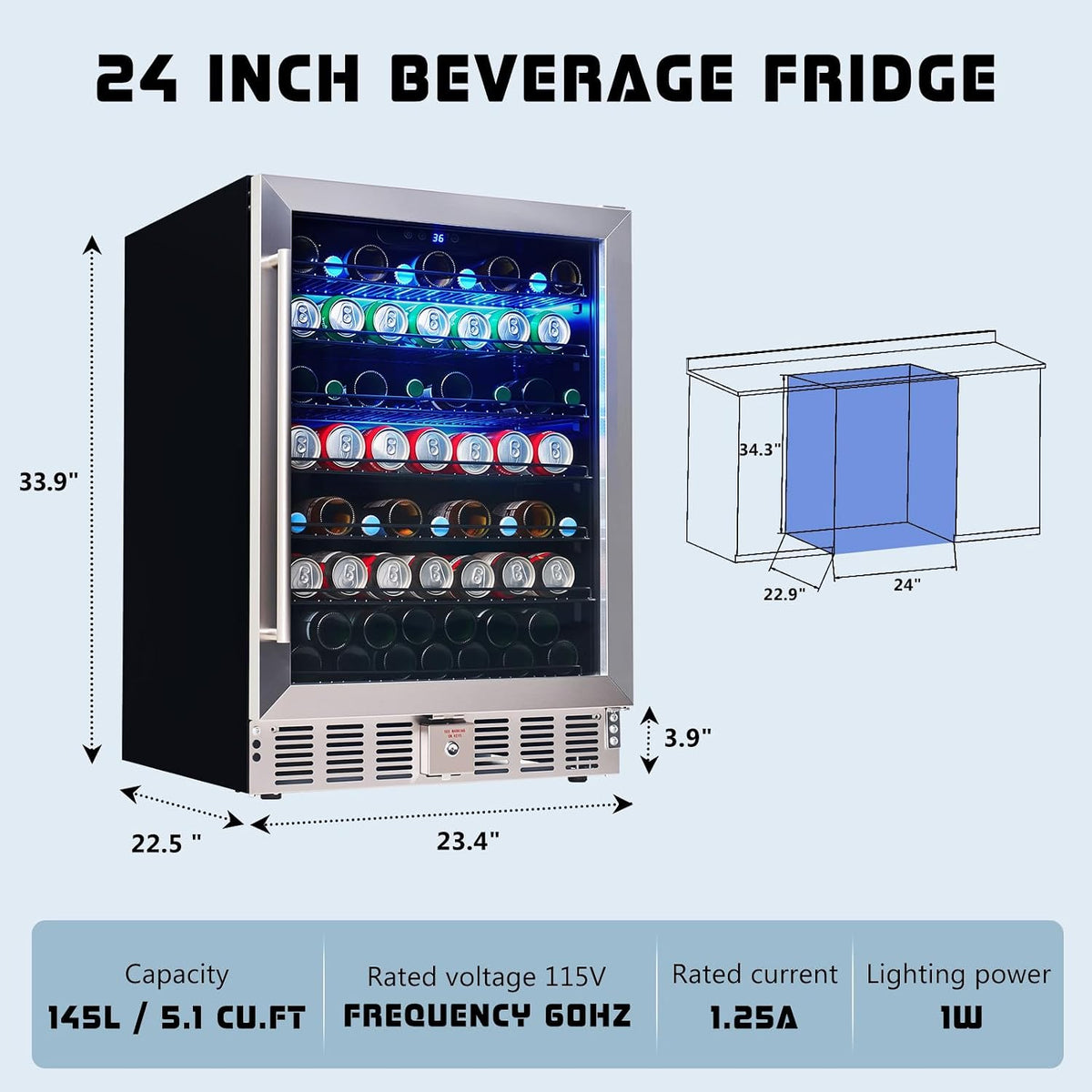 Beverage Refrigerator with Glass Door-24 Inch - Single Zone-Beverage Fridge