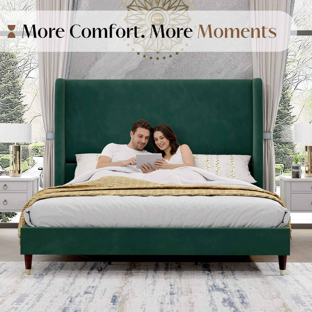 Lanner Bed Frame with Velvet Headboard Amerlife Green