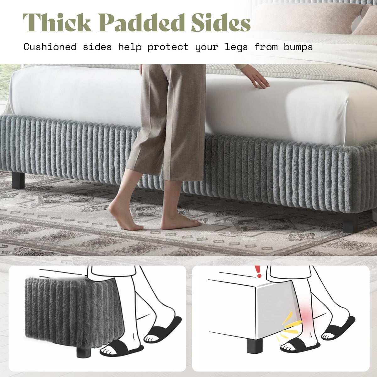 Velmure Corduroy Platform Bed Frame-King-Grey