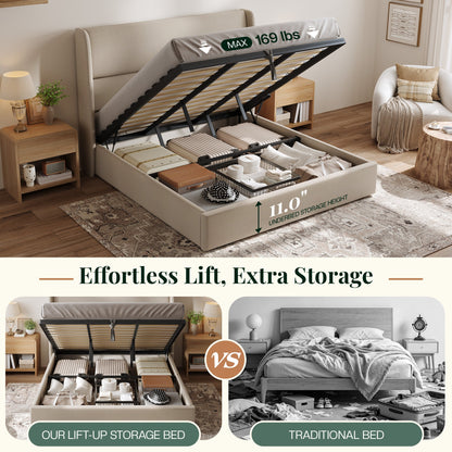 Haven Upholstered Hydraulic Storage Bed Frame-Queen-Khaki