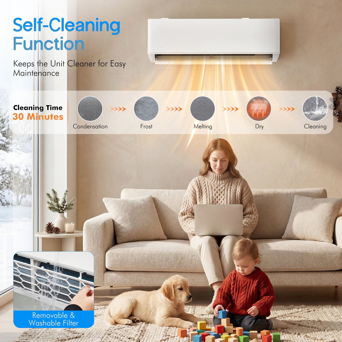 Multi-Zone Ductless Mini Split AC and Heating System (2 & 3 Zone)-3 Zone 28000 BTU (12k+12k+12k)-WIFI