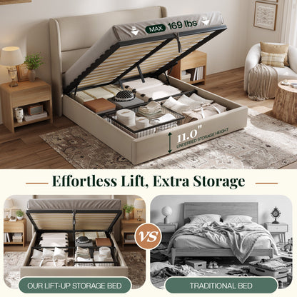 Haven Upholstered Hydraulic Storage Bed Frame-King-Khaki