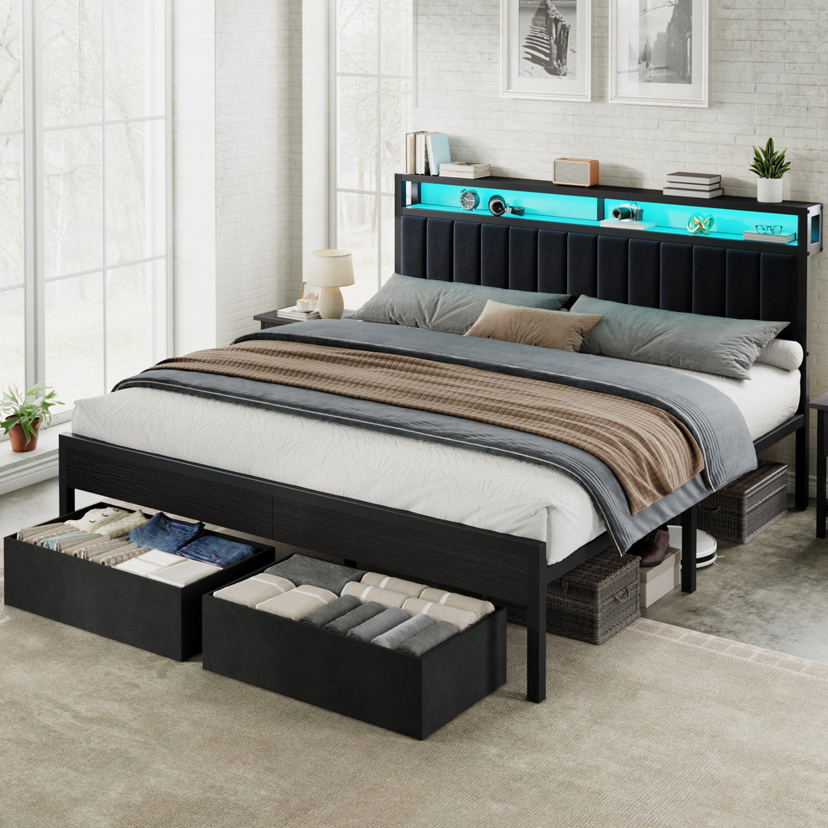 Veltrix LED Storage Velvet Bed Frame Amerlife King / Black