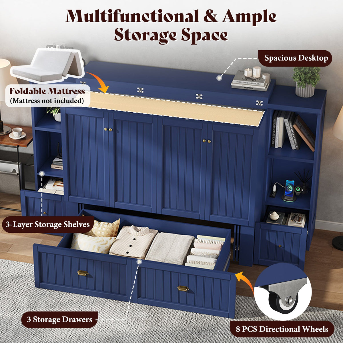 Slat Farmhouse Murphy Bed Amerlife Full / Blue