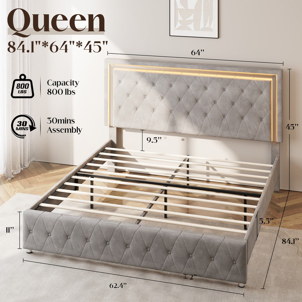 Hues LED Bed Frame-Q-GREY