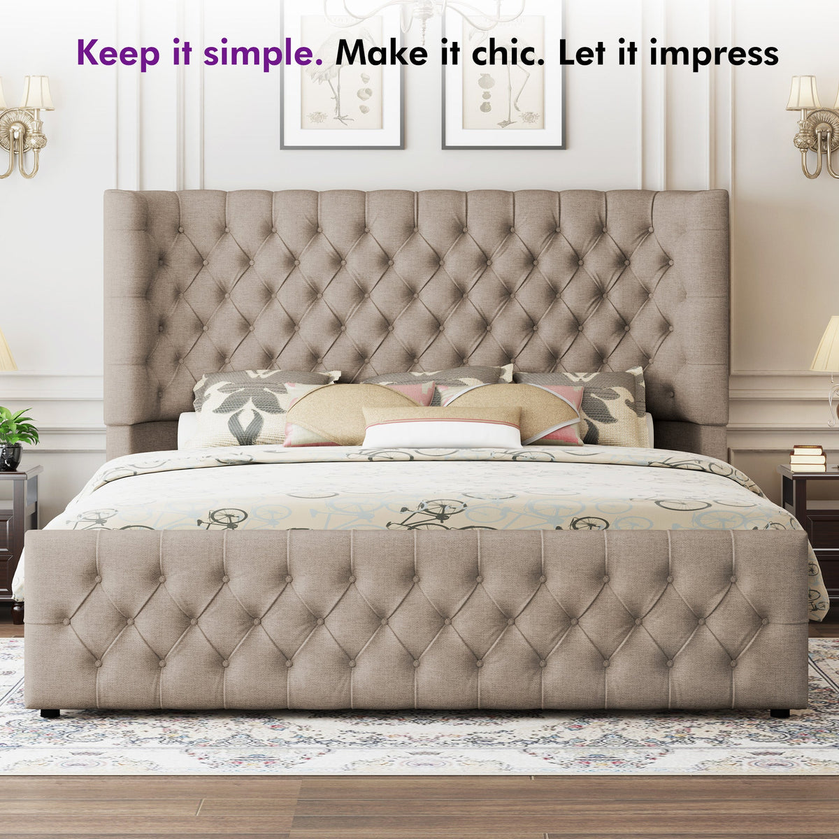 Plush Curved Wingback Bed Frame  - CK Bed Khaki