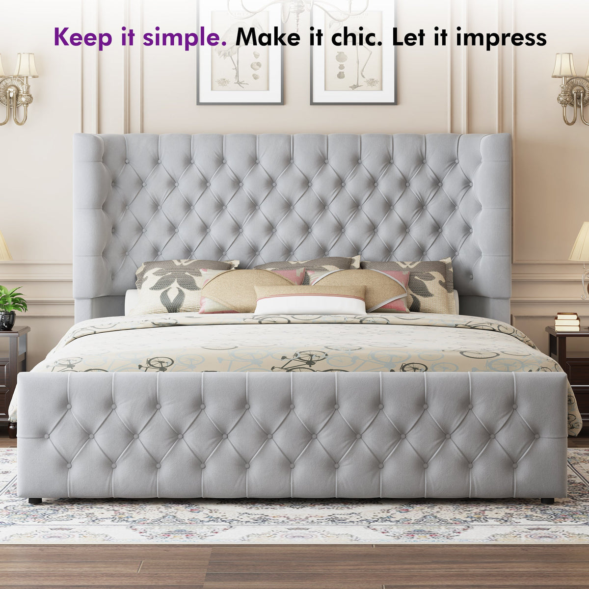 Plush Curved Wingback Bed Frame  - CK Bed Light Gray